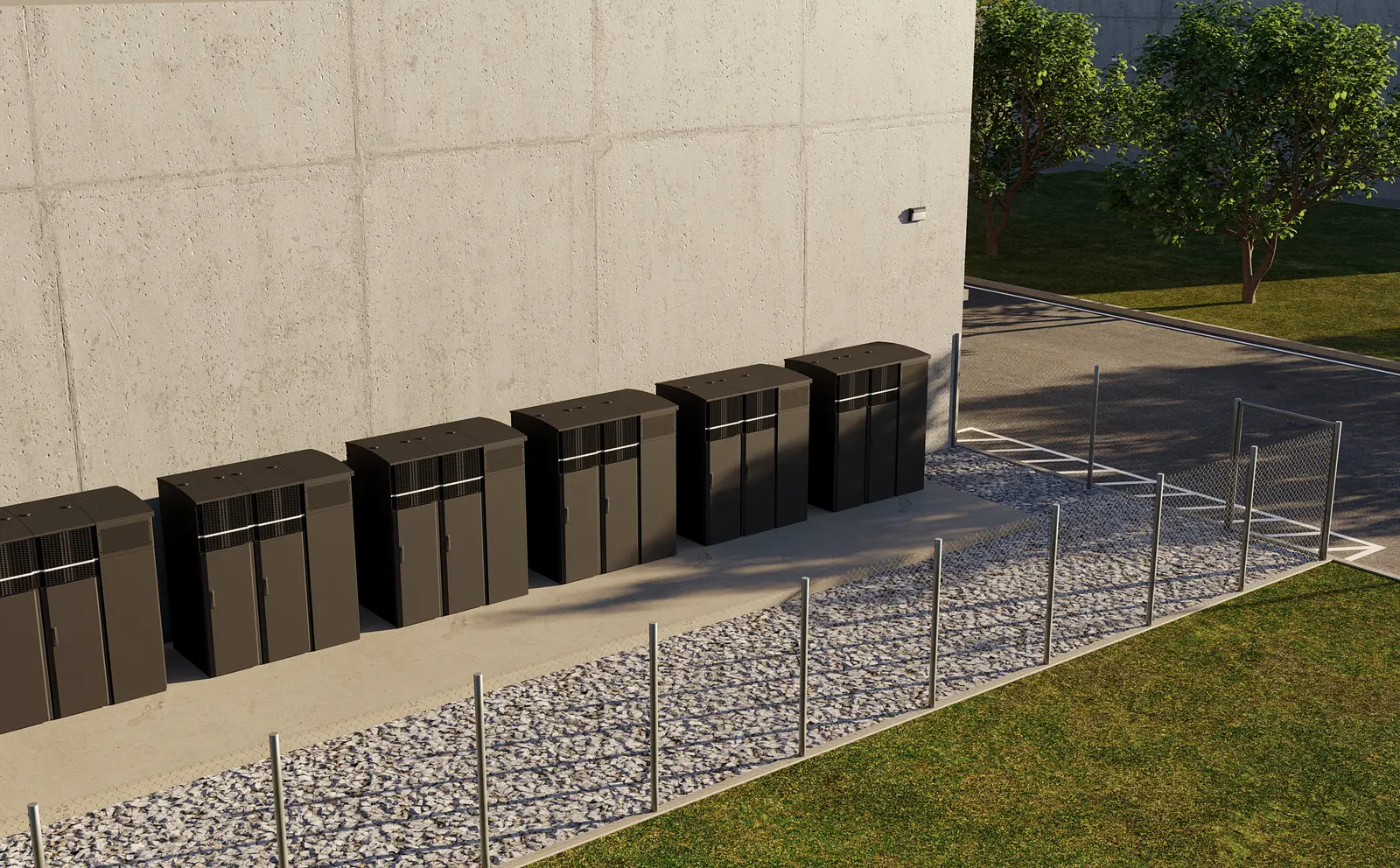 A row of Laika DCI units deployed along an existing facility wall